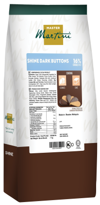 Master Martini Shine Dark Buttons 可可16%包裝袋,棕白色配綠色頂部和曲奇圖示。