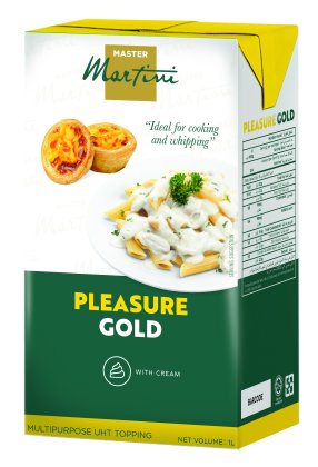 Master Martini Pleasure Gold UHT淡忌廉裝飾用紙盒裝,1升,包裝上印有葡式蛋撻和忌廉意粉圖案。