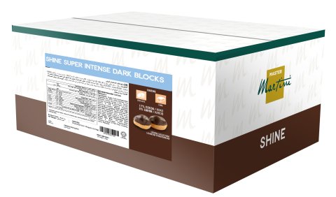 Master Martini Shine Super Intense Dark Blocks 巧克力塗層圖示及兩個光澤甜甜圈圖片